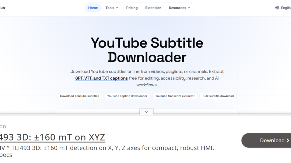 Hero section of YTvidHub's YouTube Subtitle Downloader site with main heading and download option buttons.