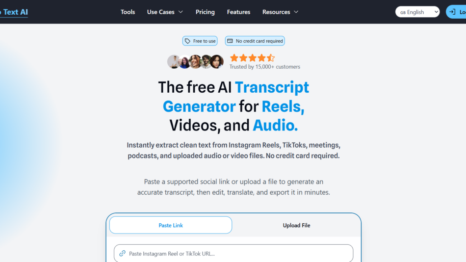 Hero section promoting a free AI transcript generator for Reels, Videos, and Audio with paste link or upload options.