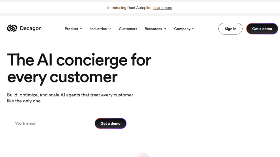 45 - Decagon hero: logo and navigation bar with a bold headline 'The AI concierge for every customer' and its subheading about AI agents.