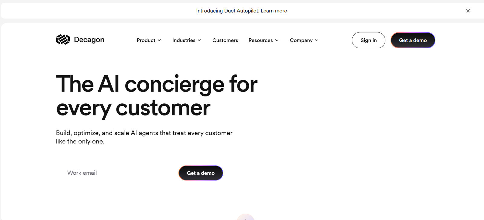 45 - Decagon hero: logo and navigation bar with a bold headline 'The AI concierge for every customer' and its subheading about AI agents.