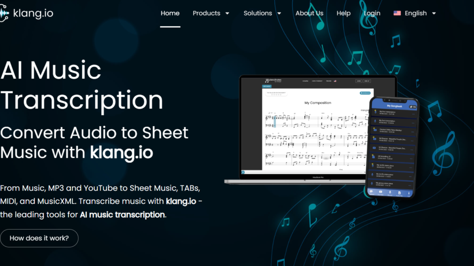 Klang.io hero banner with a dark blue background, musical notes, and devices showing sheet music on a laptop and phone, announcing AI Music Transcription.