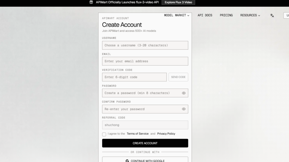 46 - Create Account form modal with fields for username, email, verification code, password, and sign-up button.