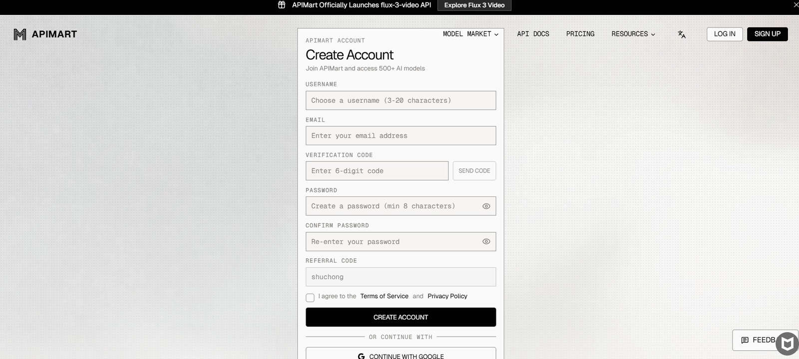 46 - Create Account form modal with fields for username, email, verification code, password, and sign-up button.