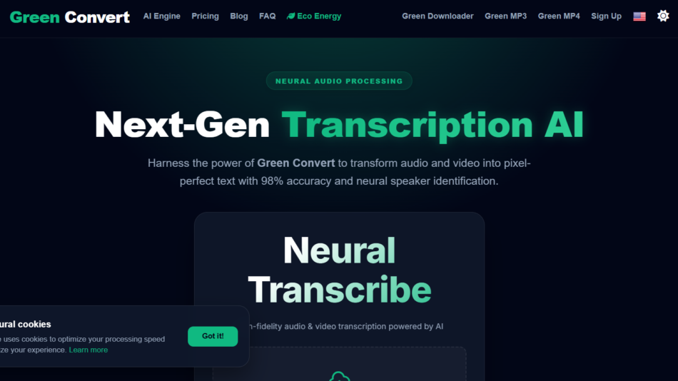 Dark website hero showing the headline 'Next-Gen Transcription AI' in bold white and teal gradient, with a top navigation bar and a small green 'Neural Audio Processing' badge.