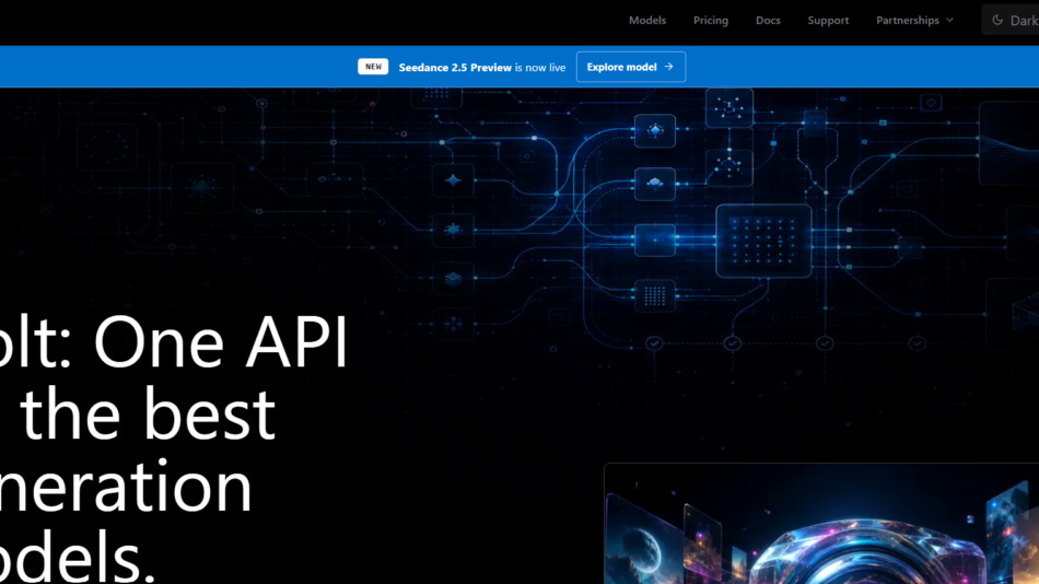 Hero banner for Jolt: One API for the best generation models, with a dark circuitry background and a blue promo bar.