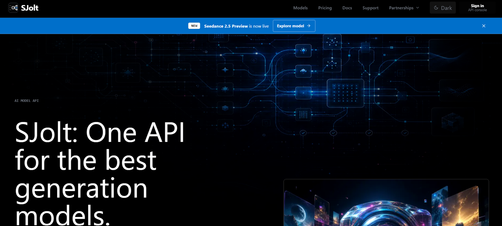 48 - Hero banner for Jolt: One API for the best generation models, with a dark circuitry background and a blue promo bar.