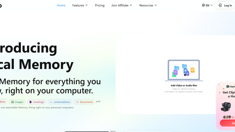 49 - Hero section announcing Local Memory with bold headline and pastel gradient background on Clipto homepage.