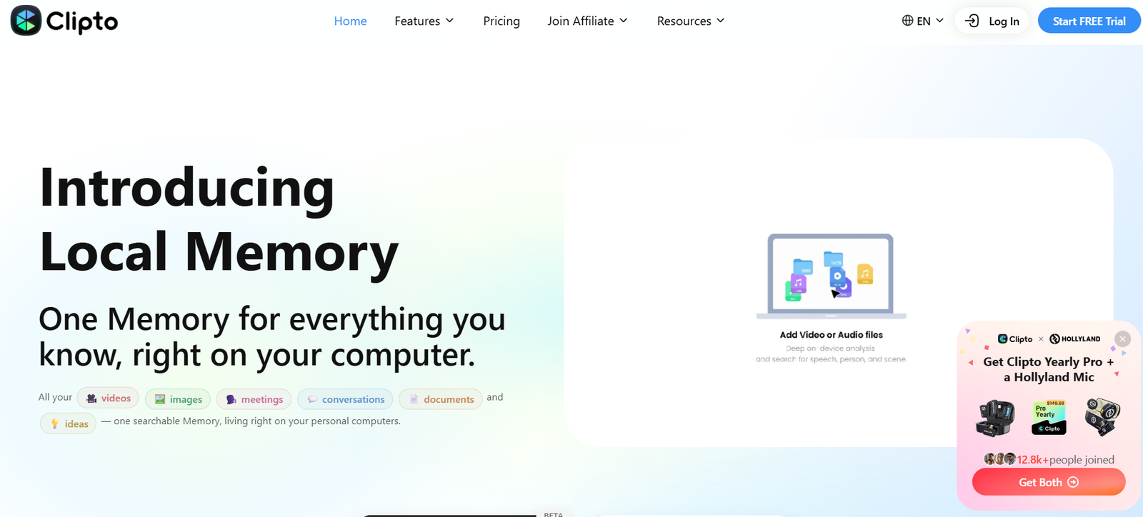 49 - Hero section announcing Local Memory with bold headline and pastel gradient background on Clipto homepage.