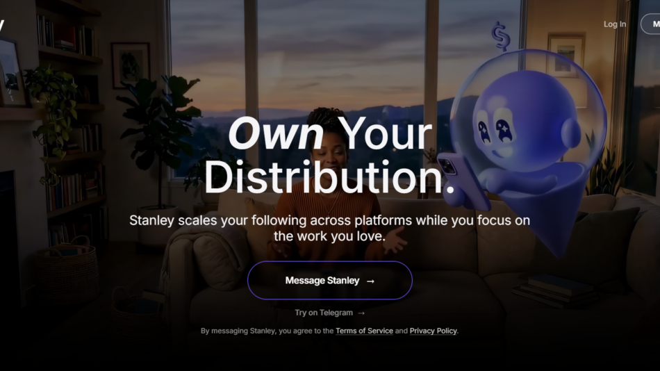 Hero banner: person sitting on a couch with a blue holographic robot beside them in a modern living room, overlaid with 'Own Your Distribution' text.