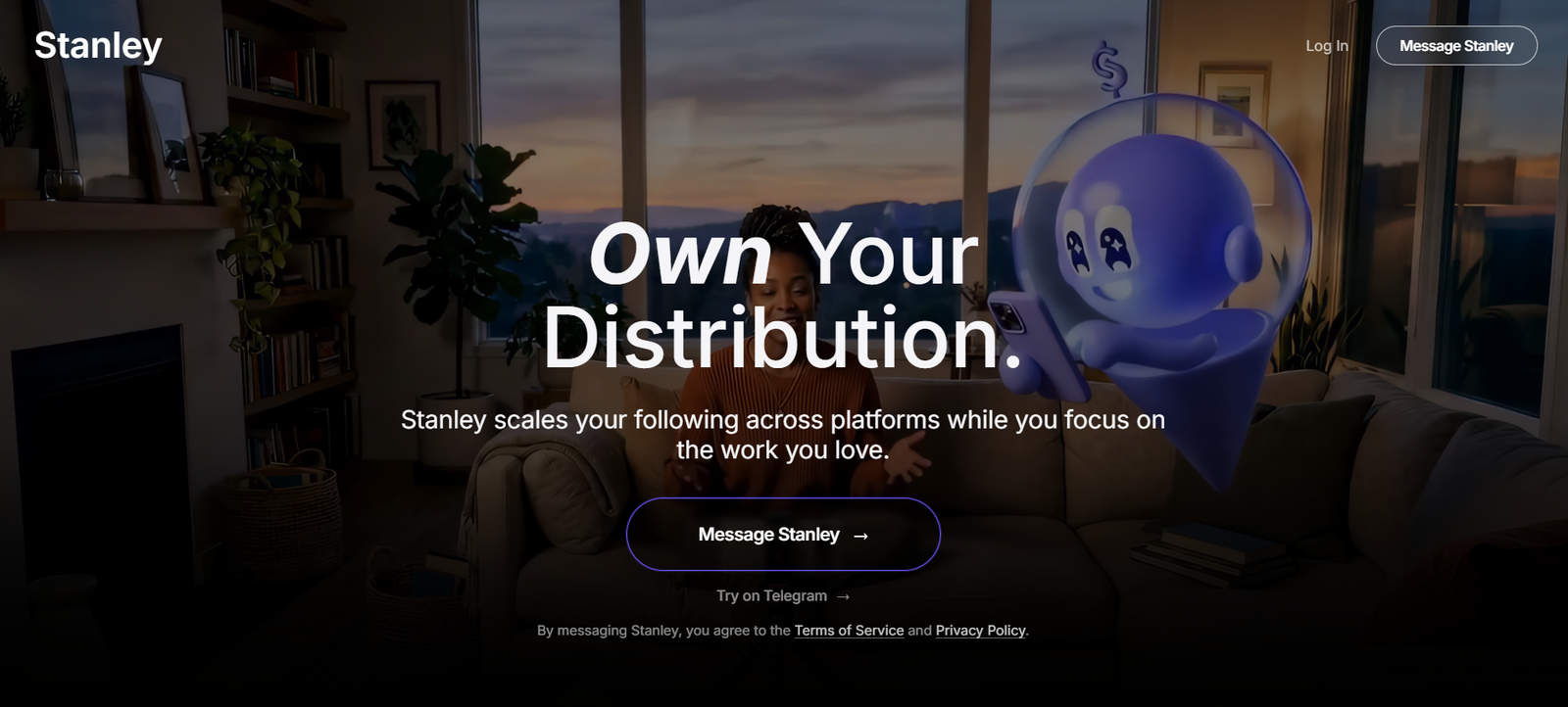 49 - Hero banner: person sitting on a couch with a blue holographic robot beside them in a modern living room, overlaid with 'Own Your Distribution' text.
