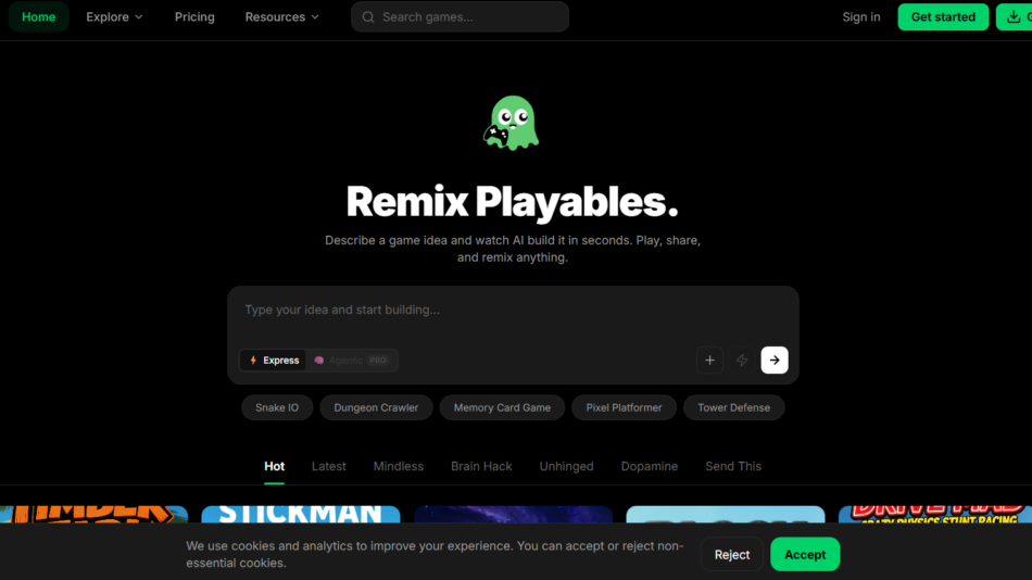 Dark homepage hero with a green octopus logo above the bold 'Remix Playables' title and a short description about describing and remixing game ideas.