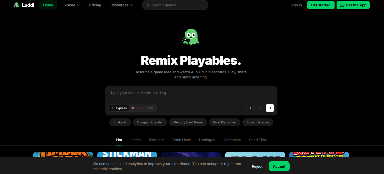 5 - Dark homepage hero with a green octopus logo above the bold 'Remix Playables' title and a short description about describing and remixing game ideas.