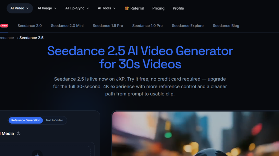 5 - Hero section of Seedance 2.5 AI Video Generator page with large blue title on a dark background and descriptive subtext.
