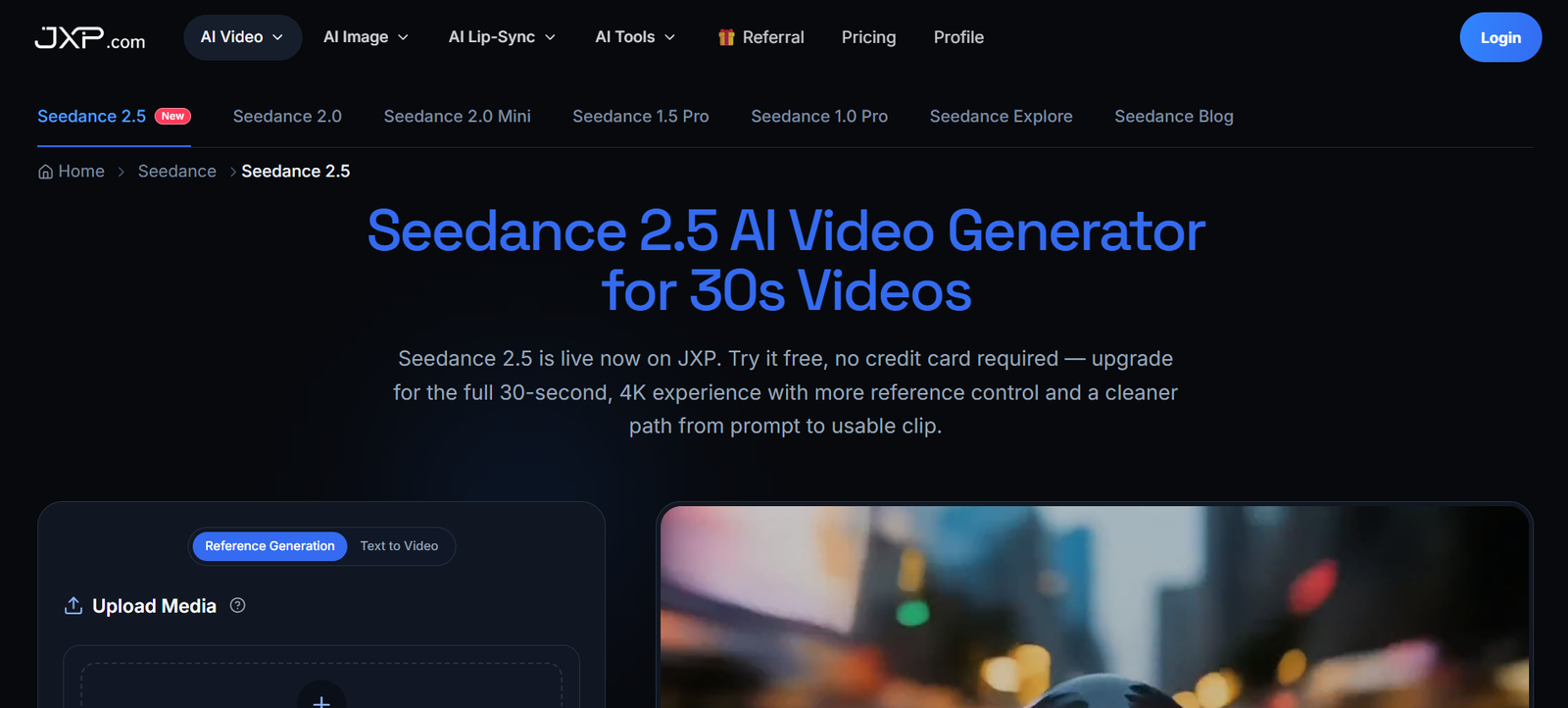 5 - Hero section of Seedance 2.5 AI Video Generator page with large blue title on a dark background and descriptive subtext.