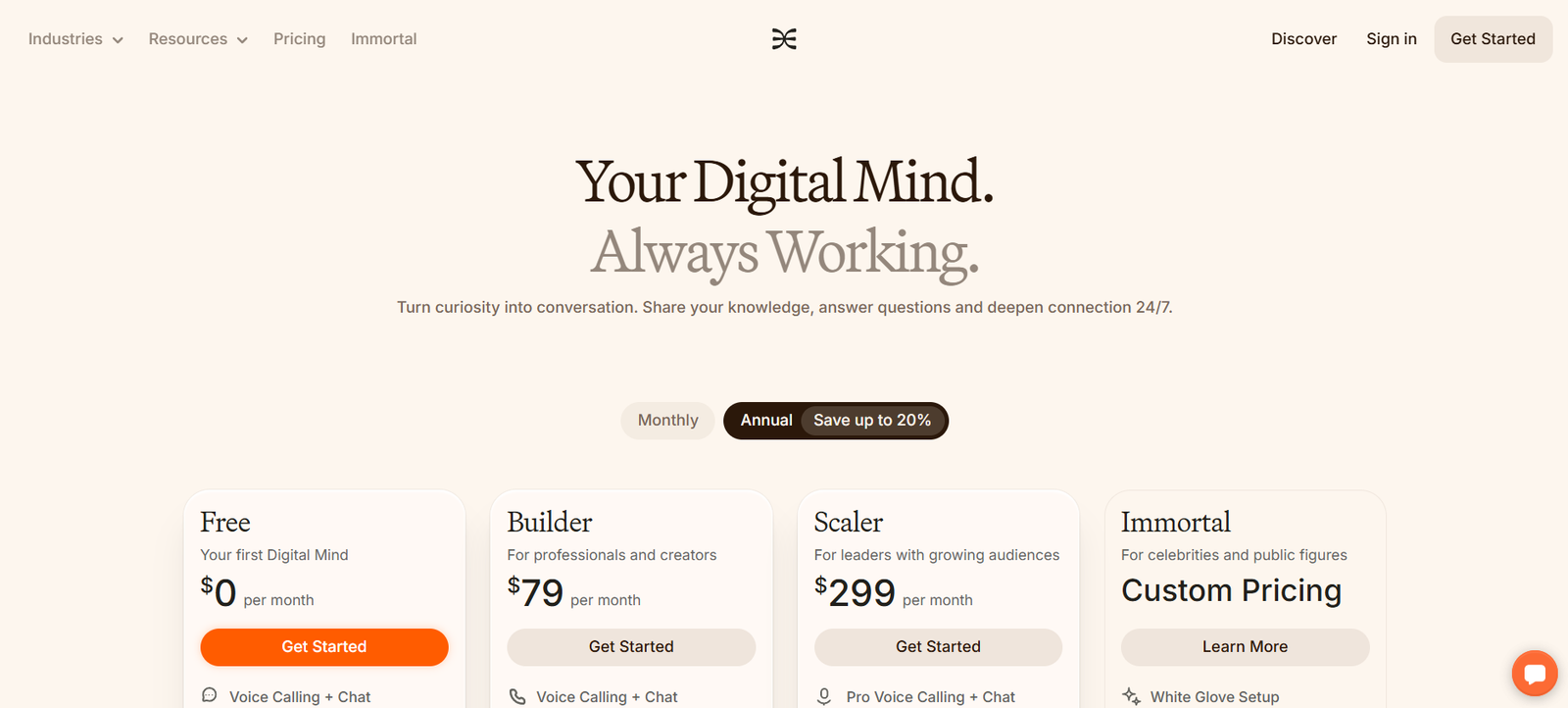Pricing hero: big headline 'Your Digital Mind. Always Working.' with subheading, monthly/annual toggle and four plan cards (Free, Builder, Scaler, Immortal).