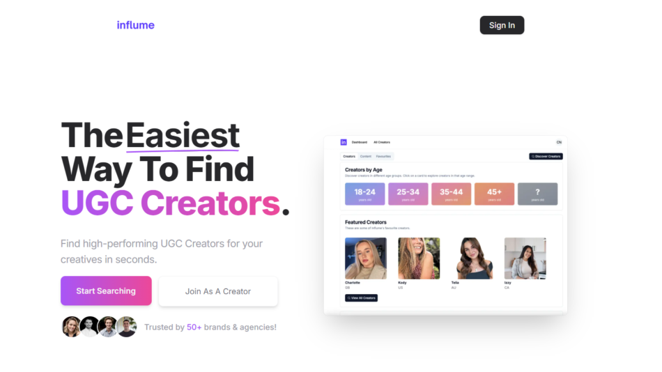 Hero banner for influme promoting finding UGC creators, with a right-side dashboard mockup and two CTAs: Start Searching and Join As A Creator.