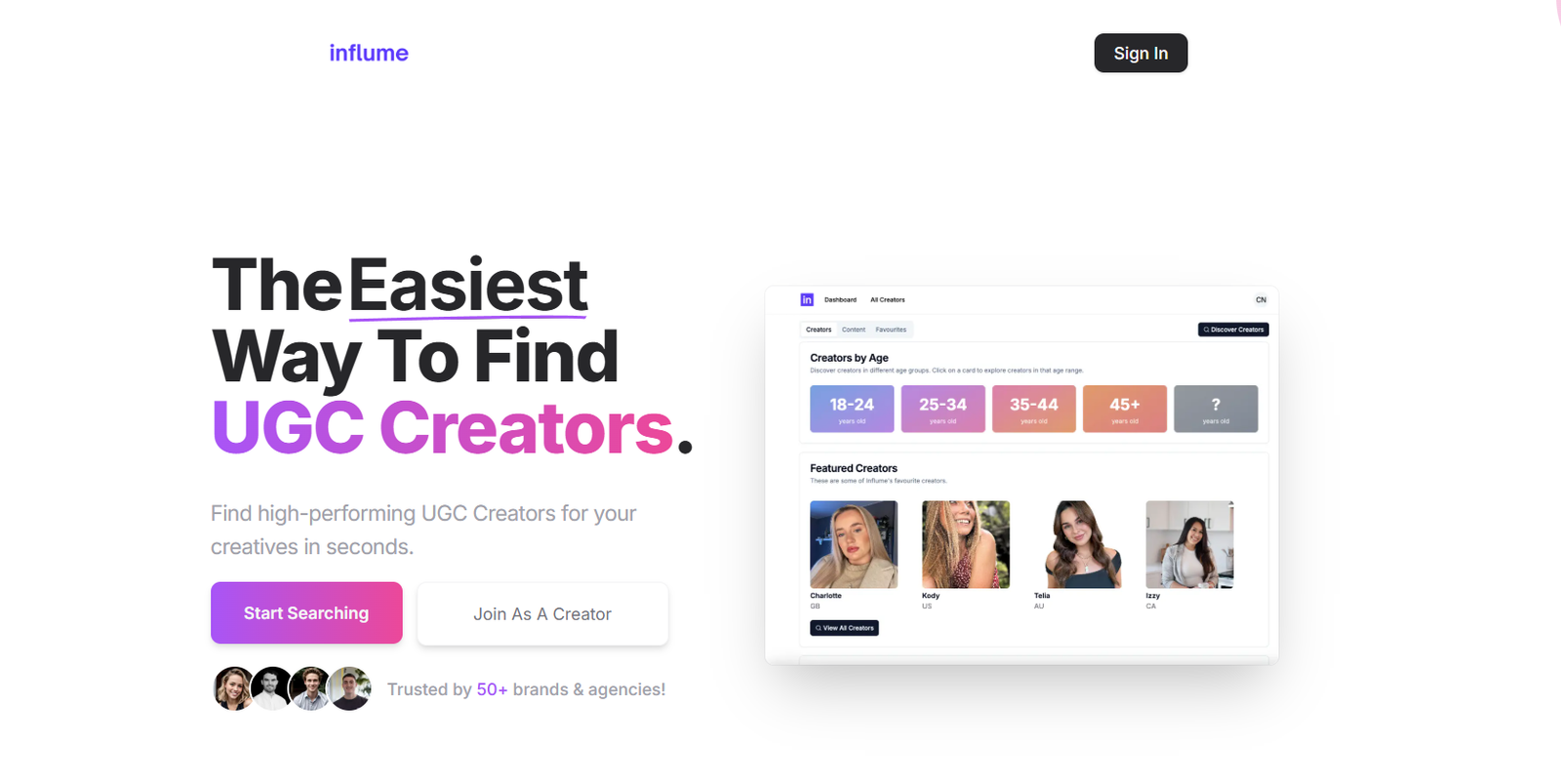 5 - Hero banner for influme promoting finding UGC creators, with a right-side dashboard mockup and two CTAs: Start Searching and Join As A Creator.