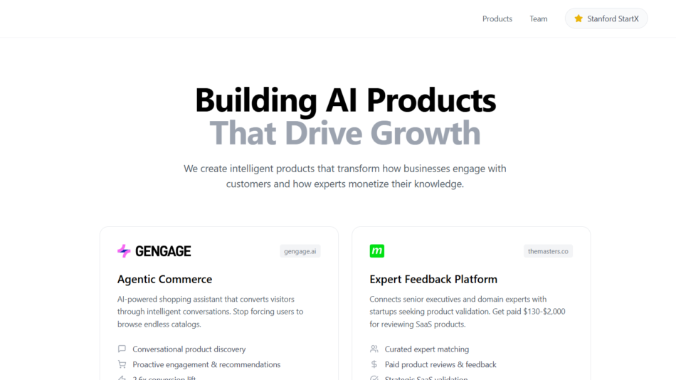 Hero section with the headline 'Building AI Products That Drive Growth' and a supporting subtitle, followed by two rounded product cards for 'Agentic Commerce' and 'Expert Feedback Platform'.