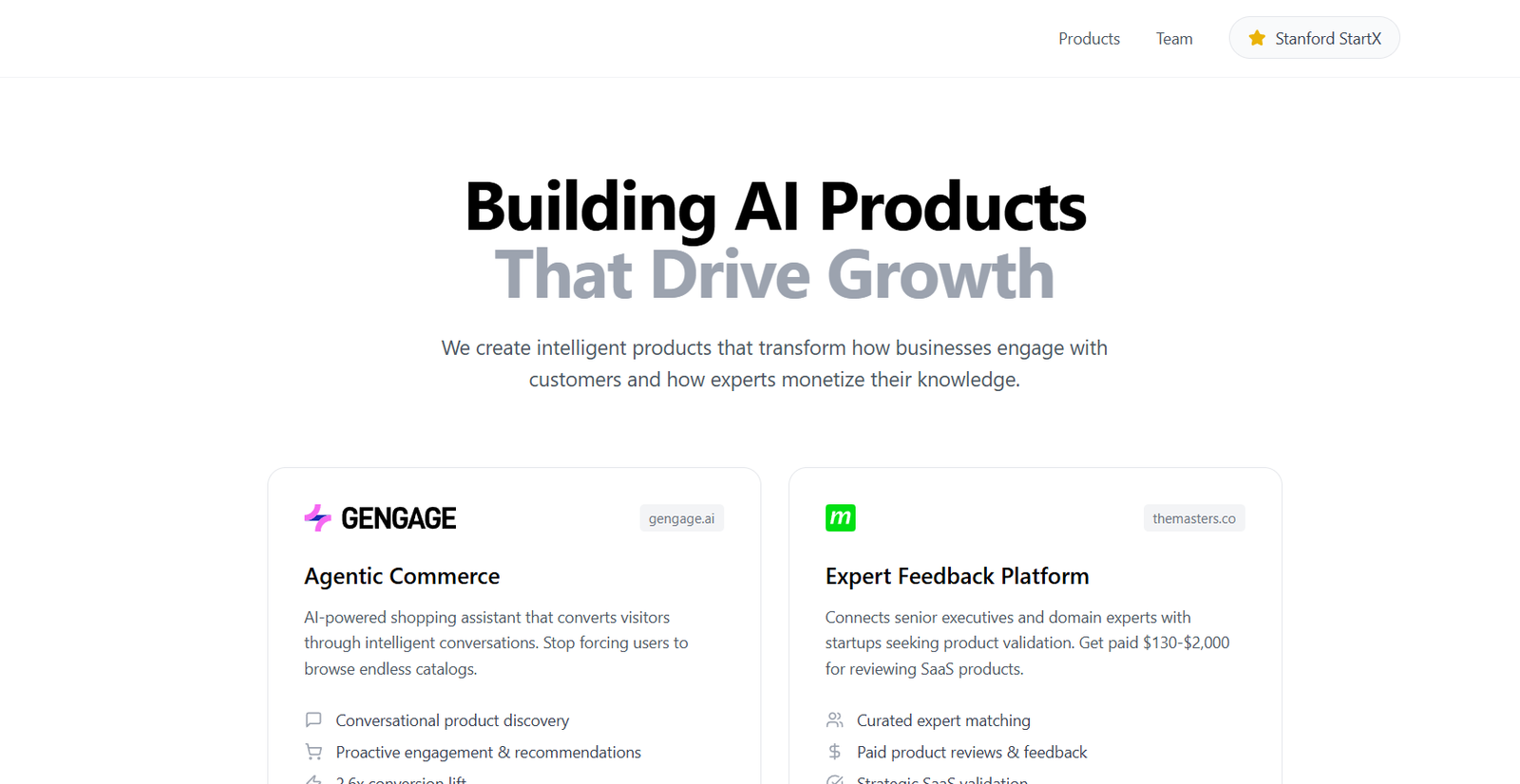5 - Hero section with the headline 'Building AI Products That Drive Growth' and a supporting subtitle, followed by two rounded product cards for 'Agentic Commerce' and 'Expert Feedback Platform'.