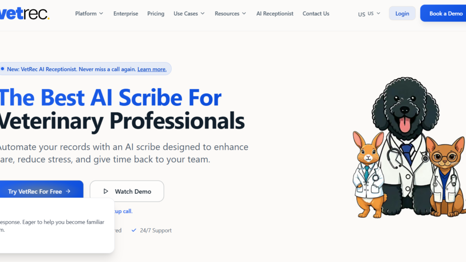 Hero banner for veterinary AI scribe: bold blue headline and large black subhead, with three cartoon pets in lab coats on the right.