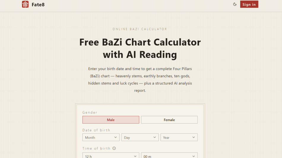 Hero section of Fate8's Free BaZi Chart Calculator with AI Reading, showing a birth date/time form.