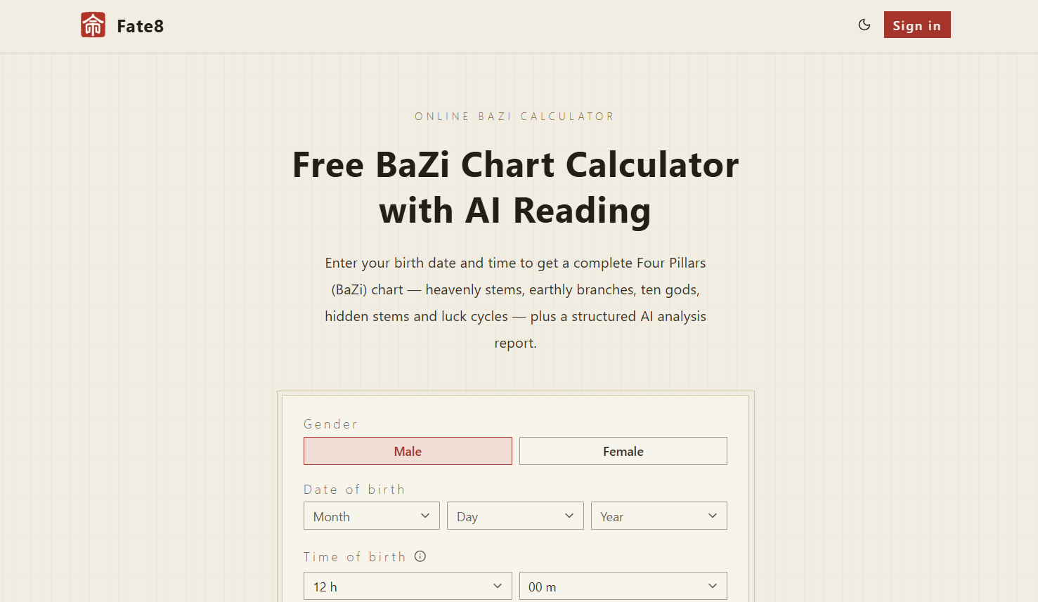 5 - Hero section of Fate8's Free BaZi Chart Calculator with AI Reading, showing a birth date/time form.
