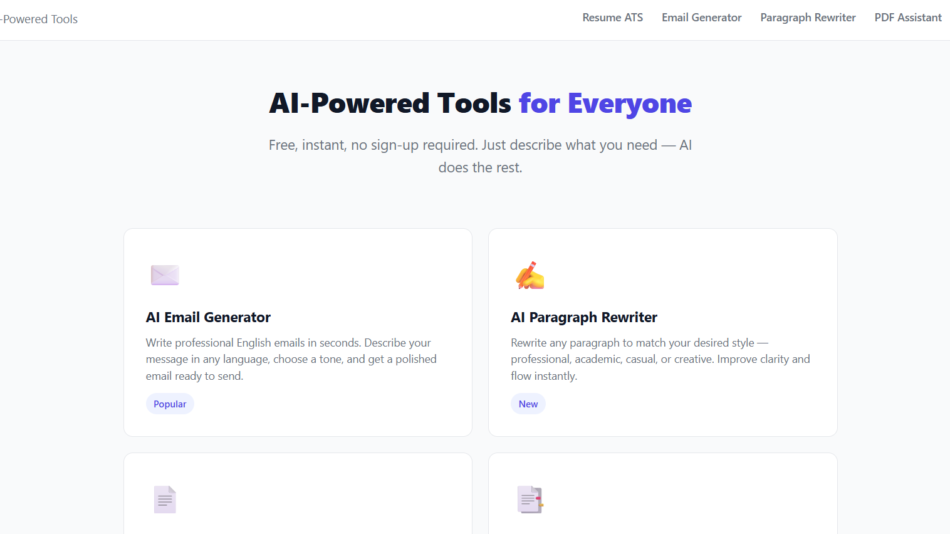 5 - Hero: AI-Powered Tools for Everyone with two feature cards: AI Email Generator and AI Paragraph Rewriter.