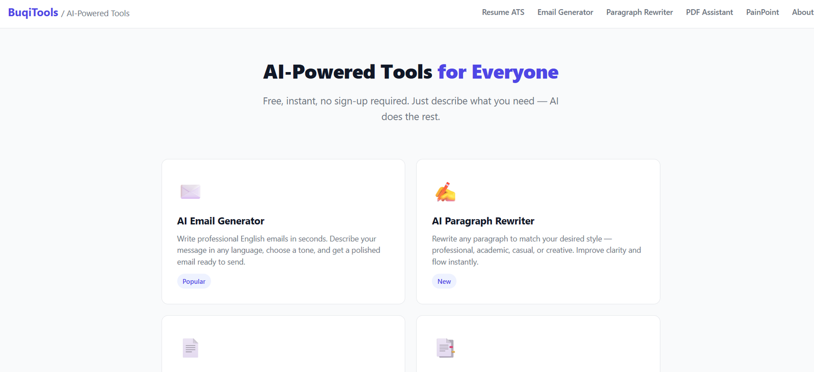 5 - Hero: AI-Powered Tools for Everyone with two feature cards: AI Email Generator and AI Paragraph Rewriter.
