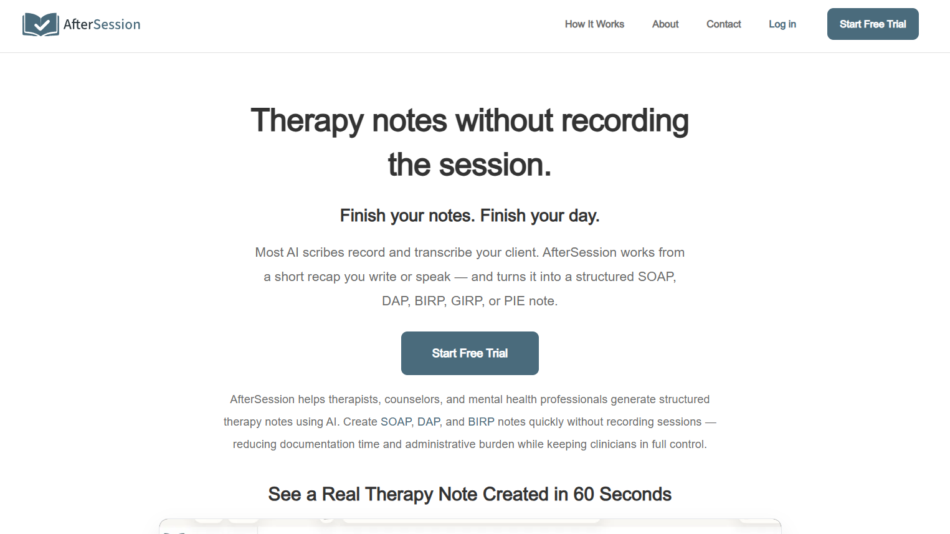 AfterSession hero: large headline 'Therapy notes without recording the session' with subheading and a 'Start Free Trial' button at center.
