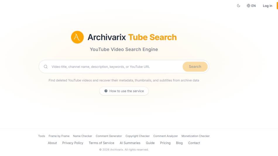 51 - Hero section for Archivarix Tube Search: YouTube video search engine with search bar and 'Search' button, pale gradient background.