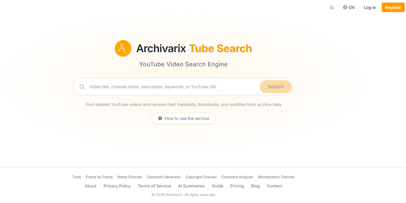 Hero section for Archivarix Tube Search: YouTube video search engine with search bar and 'Search' button, pale gradient background.