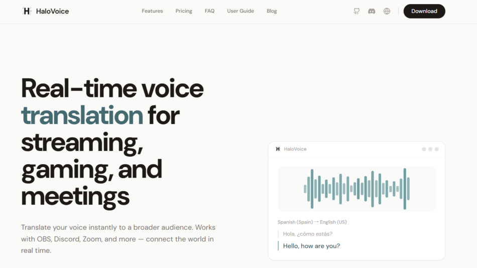HaloVoice hero: bold headline about real-time voice translation for streaming, gaming, and meetings with a right-side device mockup showing a teal waveform and sample translation