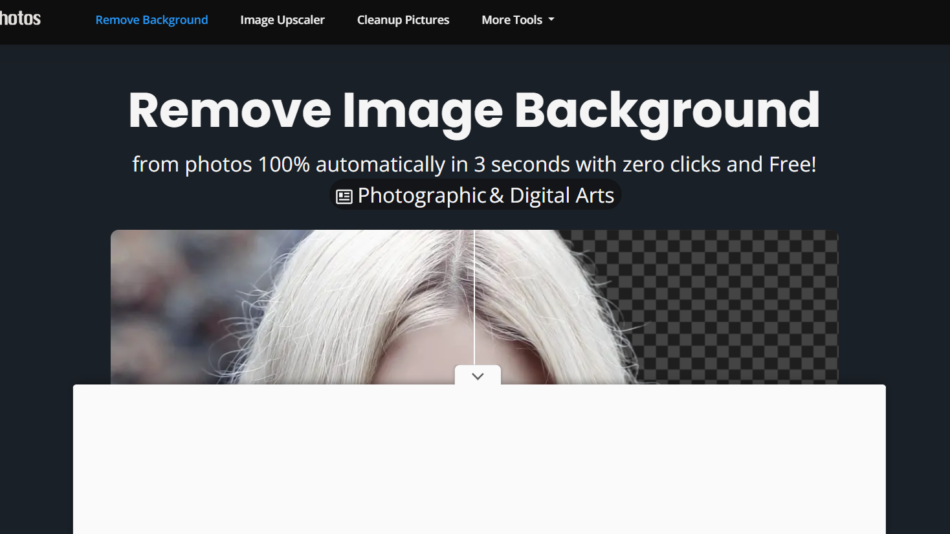 52 - Hero section promoting a background removal tool; shows a photo with left half intact and right half transparency (checkerboard) to illustrate removal