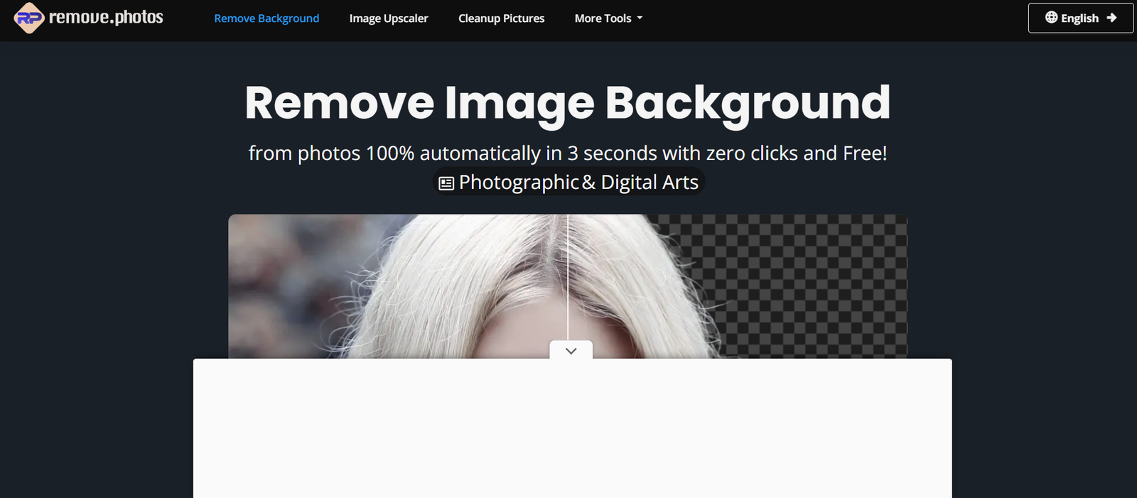 52 - Hero section promoting a background removal tool; shows a photo with left half intact and right half transparency (checkerboard) to illustrate removal