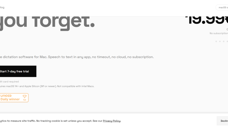 53 - Dicta.to homepage hero with bold 'you forget.' text, price 19.95€, and a black 'Start 7-day free trial' button.