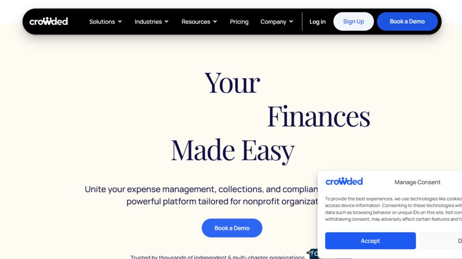 53 - Hero section: headline 'Your Finances Made Easy' on a light cream background, with a dark navigation bar above and a blue 'Book a Demo' button nearby.