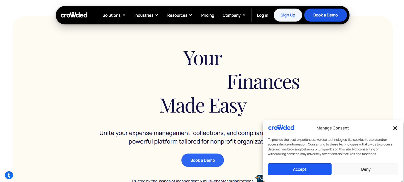 53 - Hero section: headline 'Your Finances Made Easy' on a light cream background, with a dark navigation bar above and a blue 'Book a Demo' button nearby.