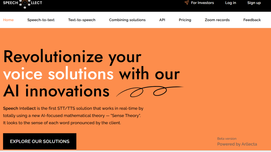 54 - Hero section on an orange background with a large black headline 'Revolutionize your voice solutions with our AI innovations' and a black 'EXPLORE OUR SOLUTIONS' button; top navigation bar with logo and menu items.