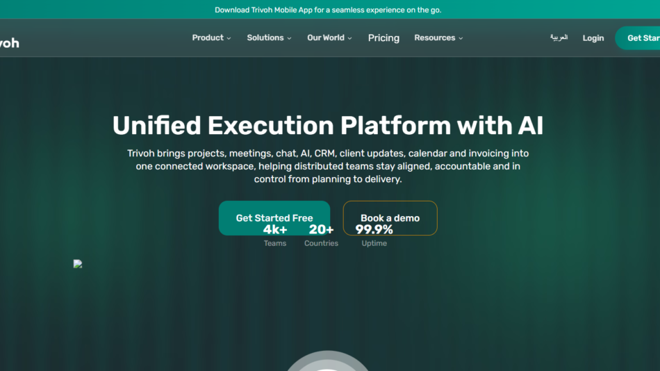 55 - Hero section with dark teal gradient background, white heading 'Unified Execution Platform with AI' and supporting text with two CTA buttons: 'Get Started Free' and 'Book a demo' at center.