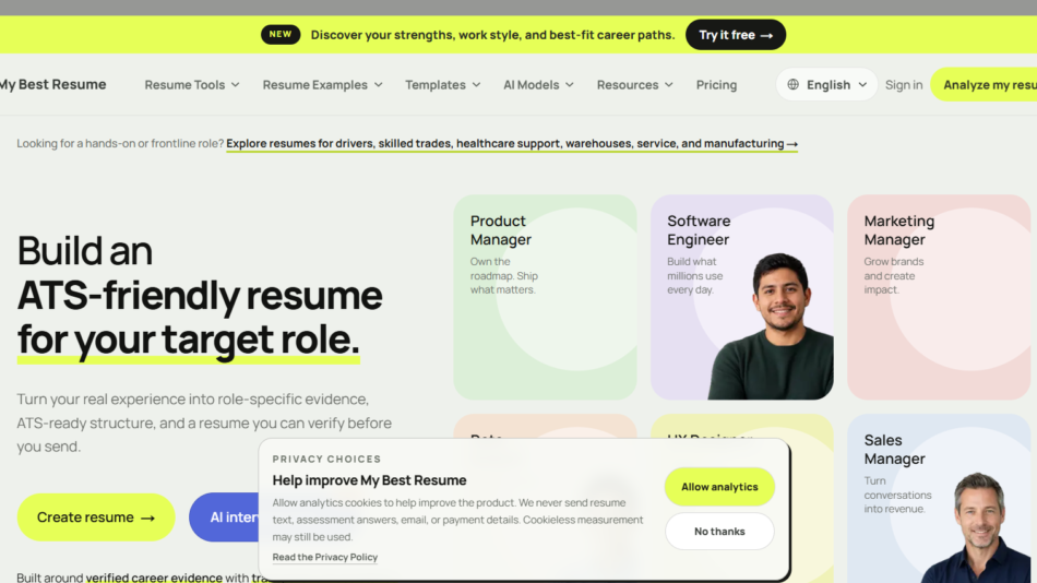Hero section of My Best Resume site with large “Build an ATS-friendly resume for your target role” headline and colorful card previews for roles like Product Manager and Software Engineer, plus a Create resume button.