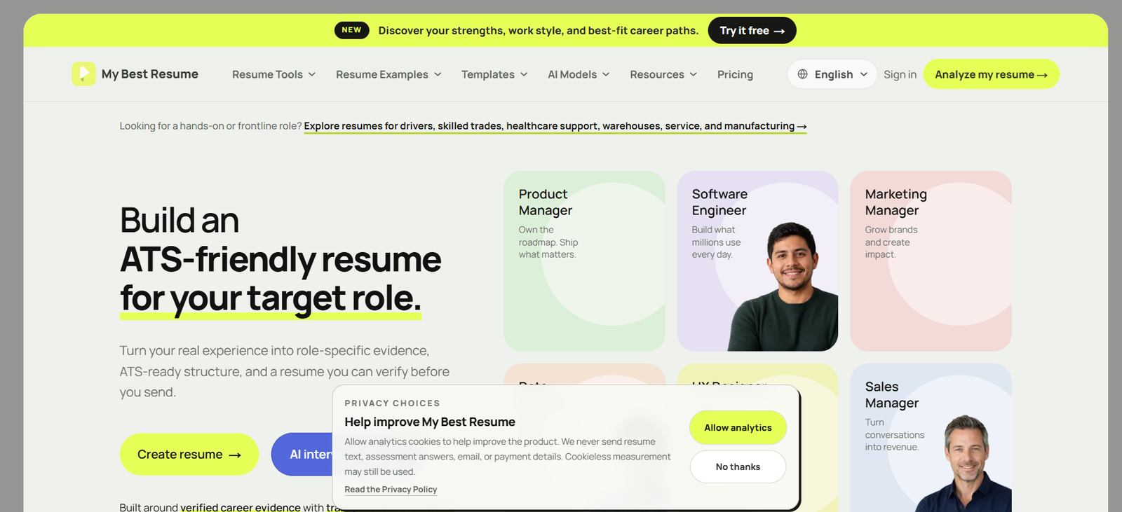 Hero section of My Best Resume site with large “Build an ATS-friendly resume for your target role” headline and colorful card previews for roles like Product Manager and Software Engineer, plus a Create resume button.