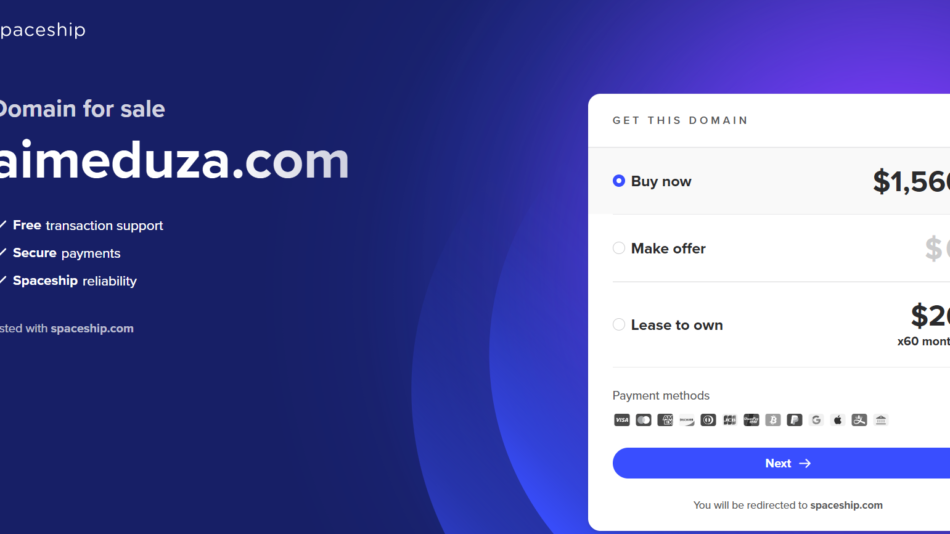 56 - Hero banner advertising a domain for sale: aiminguza.com with bullet features on the left and a white pricing panel on the right on a blue gradient background.