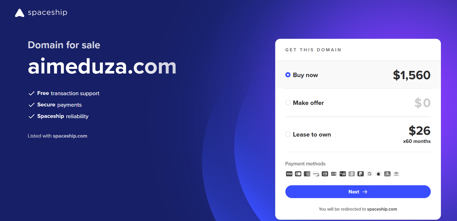 56 - Hero banner advertising a domain for sale: aiminguza.com with bullet features on the left and a white pricing panel on the right on a blue gradient background.