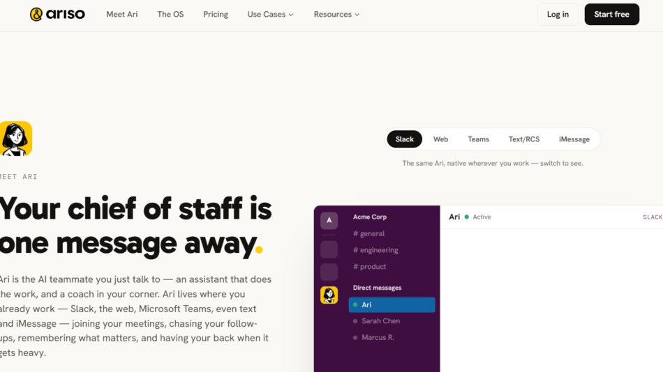 Ari product hero with logo and navigation, featuring the bold headline “Your chief of staff is one message away.”