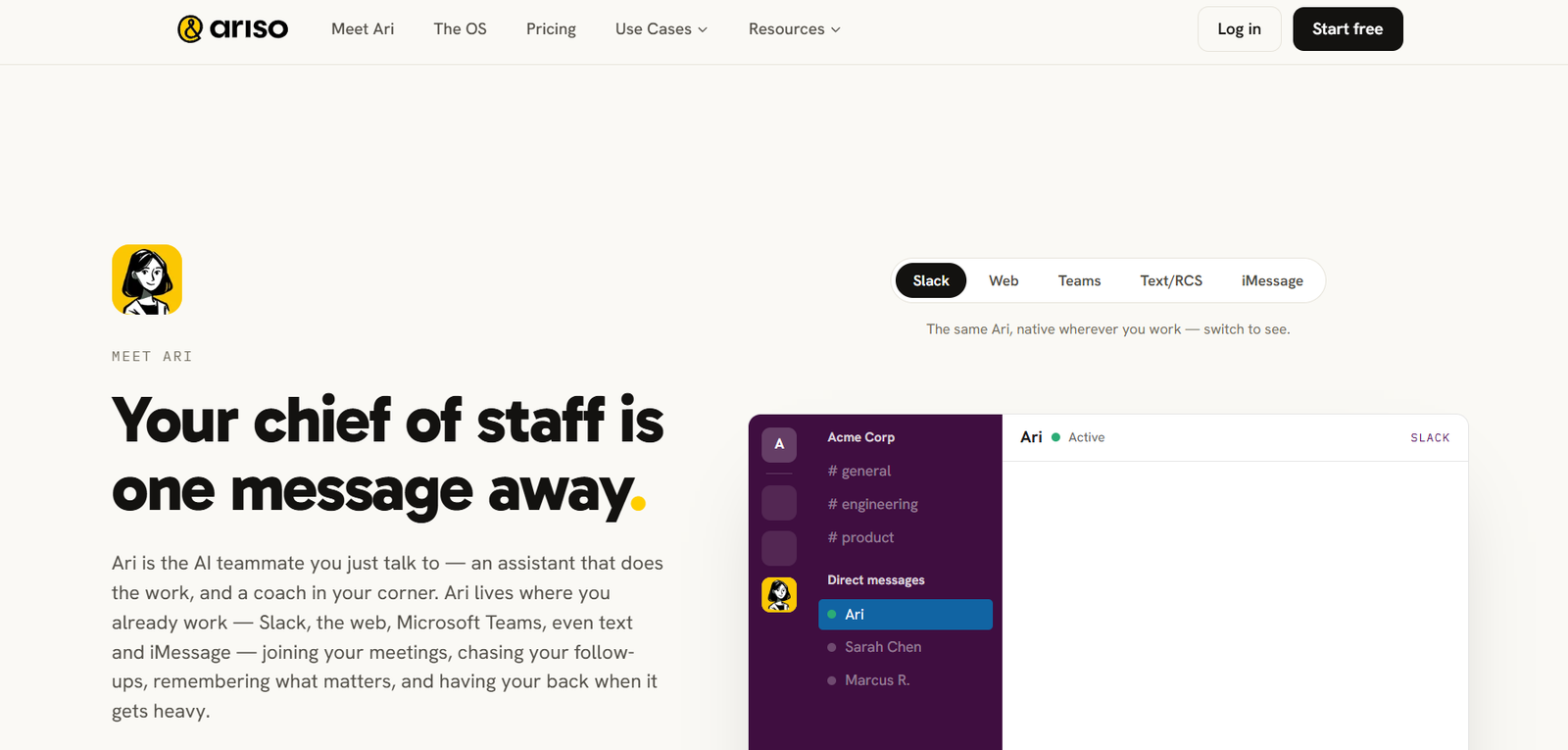 Ari product hero with logo and navigation, featuring the bold headline “Your chief of staff is one message away.”