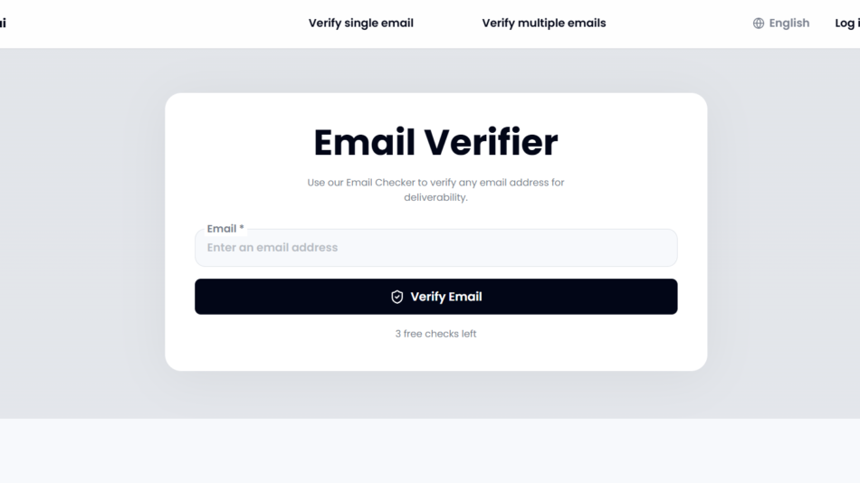 Centered modal card titled 'Email Verifier' with an email input and a dark 'Verify Email' button on a light gray gradient backdrop.