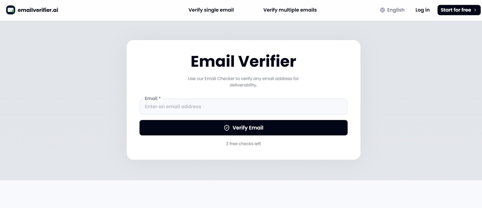 Centered modal card titled 'Email Verifier' with an email input and a dark 'Verify Email' button on a light gray gradient backdrop.
