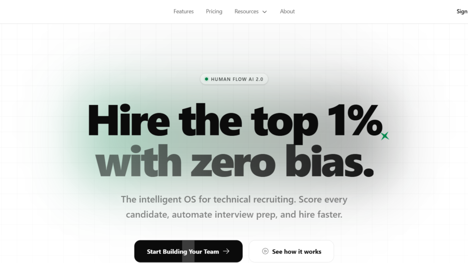 58 - Hero banner for Human Flow: bold headline 'Hire the top 1% with zero bias' with subtitled description about AI recruiting.