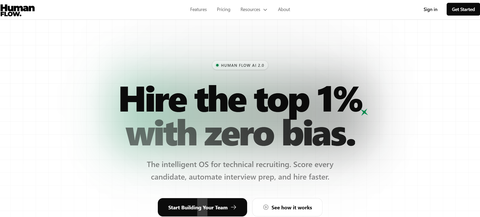 58 - Hero banner for Human Flow: bold headline 'Hire the top 1% with zero bias' with subtitled description about AI recruiting.