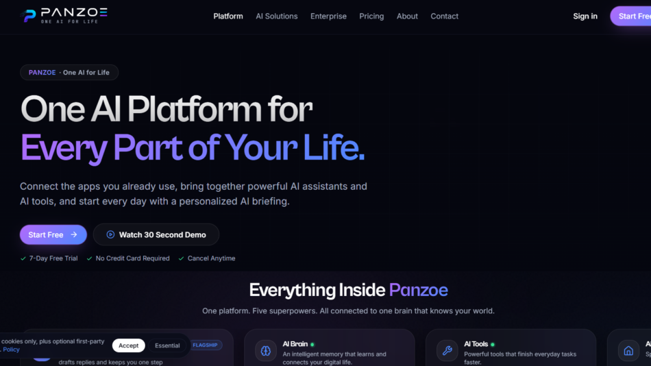 Panzoe hero banner with dark gradient background showing the headline 'One AI Platform for Every Part of Your Life' and a prominent Start Free button.